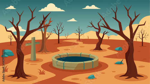 The community well surrounded by dead and dying trees evidence of the strain on the land from the water scarcity.. Vector illustration