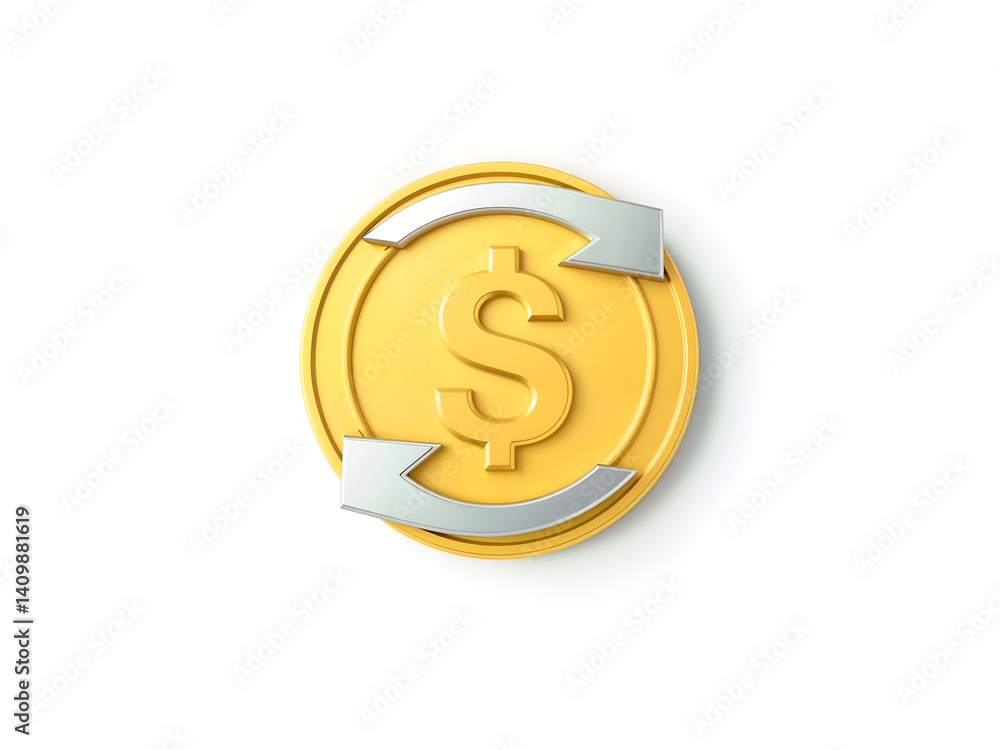 3D golden dollar coin with white arrows representing money flow or transaction. Generative AI
