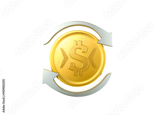 Obraz na płótnie 3D golden dollar coin with white arrows representing money flow or transaction. Generative AI w salonie