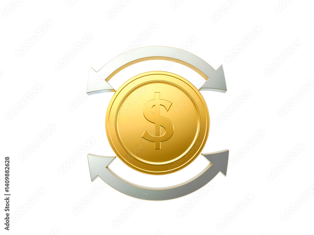 3D golden dollar coin with white arrows representing money flow or transaction. Generative AI