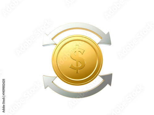 Obraz na płótnie 3D golden dollar coin with white arrows representing money flow or transaction. Generative AI w salonie