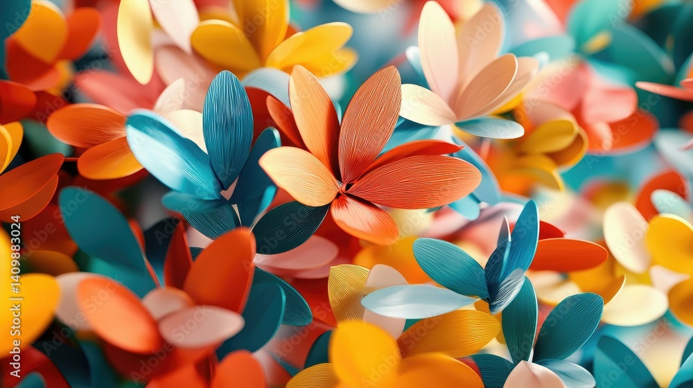 A vibrant arrangement of colorful paper flowers, showcasing various shades and patterns that create a lively and artistic visual texture.