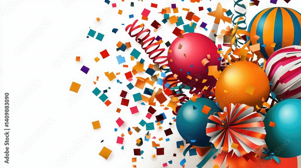 A vibrant arrangement of colorful balloons and confetti, perfect for celebrations and festive occasions.
