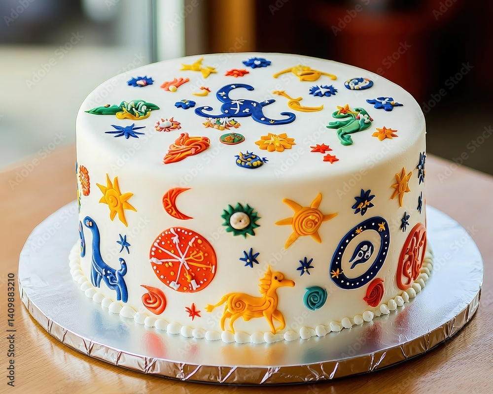 A colorful, decorative cake adorned with various whimsical designs like stars, moons, and mythical creatures, perfect for celebrations.
