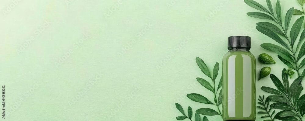 A green bottle surrounded by fresh leaves on a light green background, evoking a sense of nature and wellness.