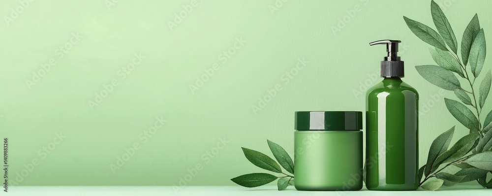 Two green cosmetic containers are elegantly displayed against a soft green backdrop, surrounded by leafy elements, suggesting a fresh and natural aesthetic.