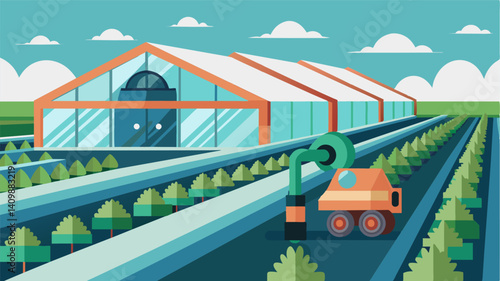 In a largescale greenhouse a robotic thinning system moves back and forth on a long track adjusting its arms to gently pull out unnecessary plants.. Vector illustration