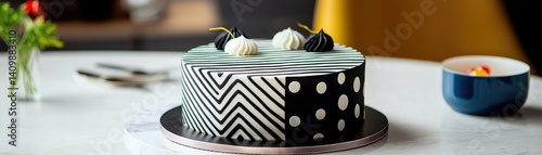 Obraz na płótnie A stylish, black-and-white cake with geometric patterns and decorative toppings, set on a modern table with vibrant decor. w salonie