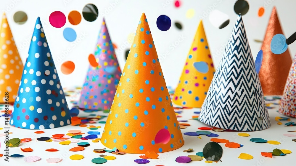 Colorful party hats with polka dots and confetti create a festive atmosphere perfect for celebrations and gatherings.