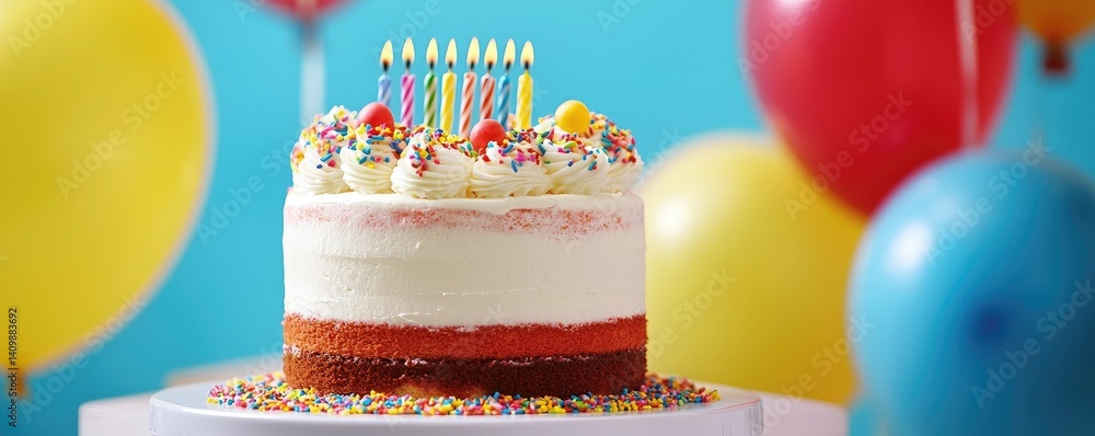A colorful birthday cake adorned with candles and sprinkles, set against a bright blue background, surrounded by festive balloons.