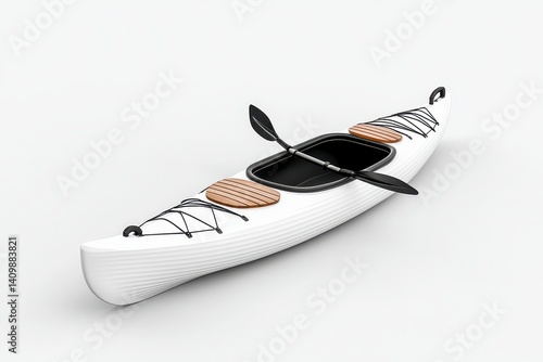 White Kayak with Black and Tan Accents on White Background