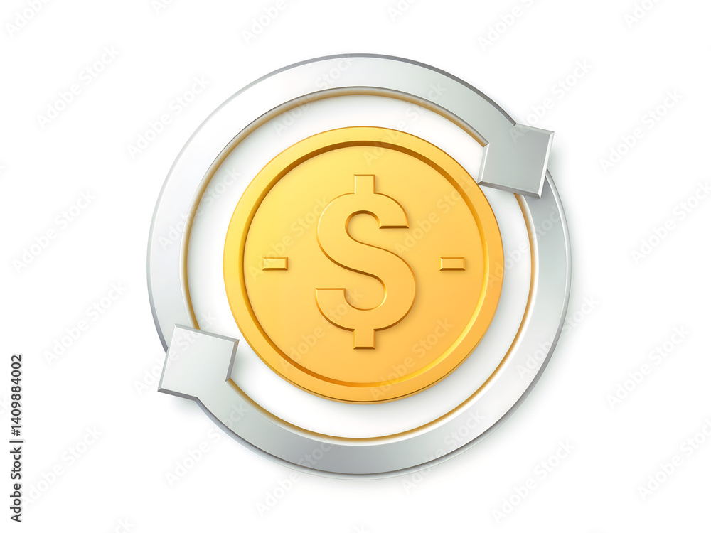 3D golden dollar coin with white arrows representing money flow or transaction. Generative AI