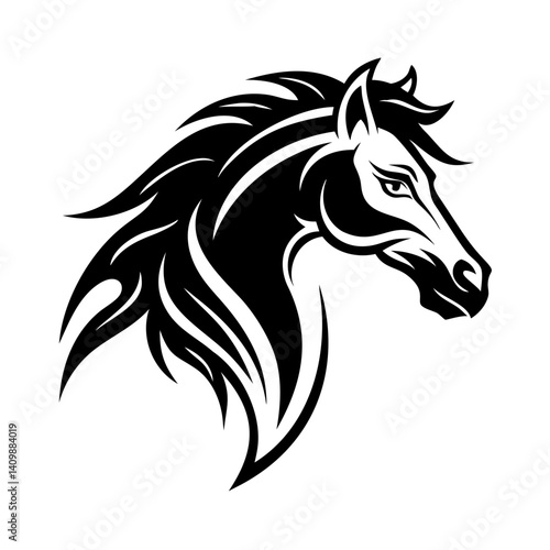 Stylized horse head illustration in black tribal tattoo style, majestic animal silhouette isolated on white background
