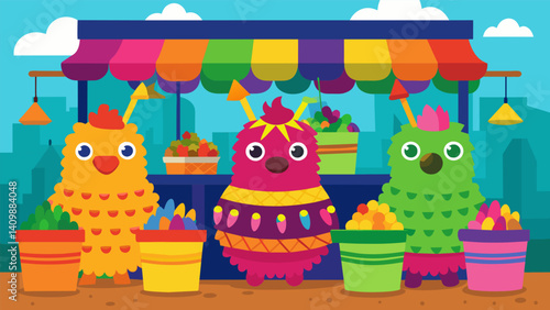 An array of colorful pi atas decorated the market each one filled with treats and surprises just like the burst of flavors in every bite of tacos al pastor.. Vector illustration