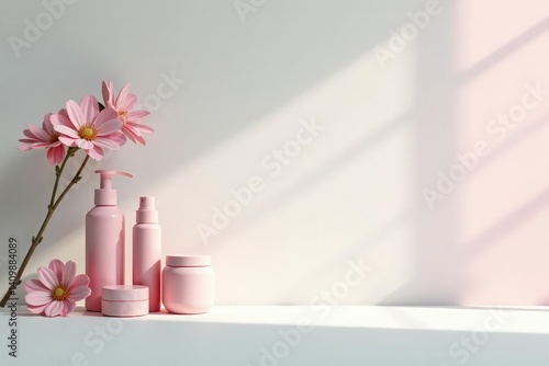Clean, minimalist white backdrop for cosmetic display, background, perfect
