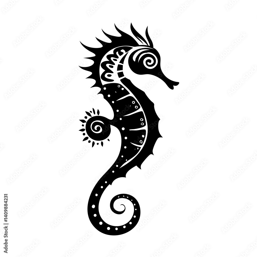 Fototapeta premium black dragon vector illustration, seahorse silhouette, Minimalist Seahorse Vector Illustration Black And White Sea Life Creature Design, Whimsical Seahorse Vector Illustration