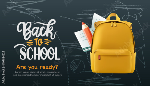 Back to school web banner. Yellow backpack with pencils and school notepad on the black chalkboard background with different doodle scientific icons