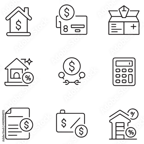 Loan and Credit thin line icons set. Mortgage, credit rating, calculator editable stroke icon. Vector with white background