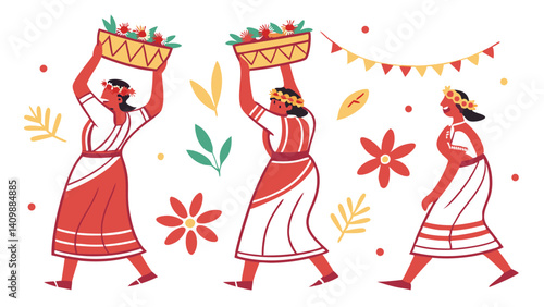 Celebration With Women Carrying Flowers For Holiday Season In Ethnic Style