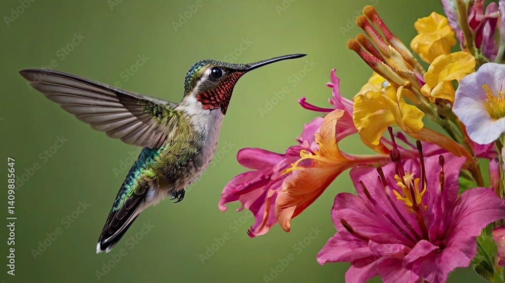 Naklejka premium Hummingbirds fly near flowers to eat flower nectar