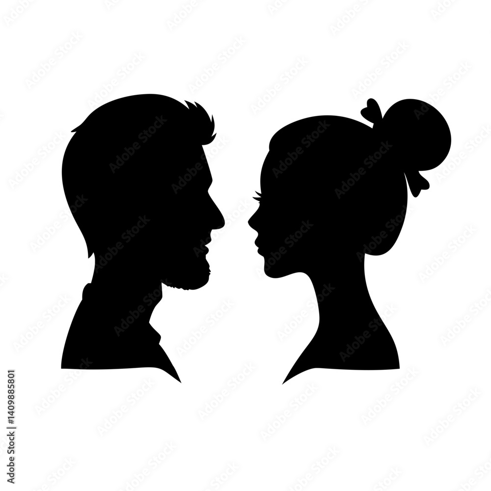 Silhouette Faces: Black Outlines of Two People in Profile, Conversing or Facing Each Other on a White Background, Silhouettes of a man and woman facing each other on a white background, Silhouette Faces: Black Outlines of Two People in Profile, Conversing or Facing Each Other on a White Background, Silhouettes of a man and woman facing each other on a white background,