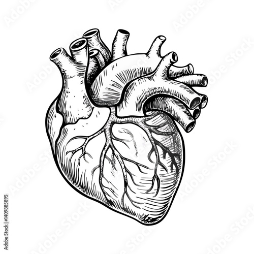 Anatomical heart illustration in black and white style, Anatomical Heart Illustration Pen and Ink Drawing, Isolated on Transparent Background, Medical Illustration, Anatomy, Heart, human heart anatomy