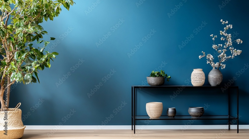 Modern, minimalist interior design featuring a deep blue wall, a potted plant, and decorative vases Modern, minimalist interior design featuring a deep blue wall, a potted plant, and decorative vases
