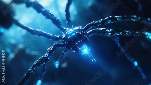 Wallpaper Mural A futuristic spider-like creature glows with blue light, showcasing intricate metallic features in a dark, mysterious environment. Torontodigital.ca