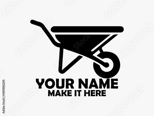 Clean black silhouette illustration of a simple single-wheel wheelbarrow on a transparent background. Tool concept, barrow icon flat vecktor and barrow logo design