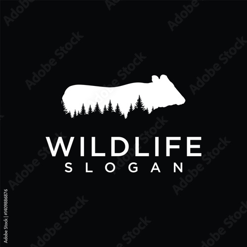wildlife nature logo with cow animal with forest trees	