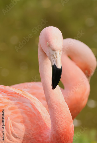 close up of a pink flamingo