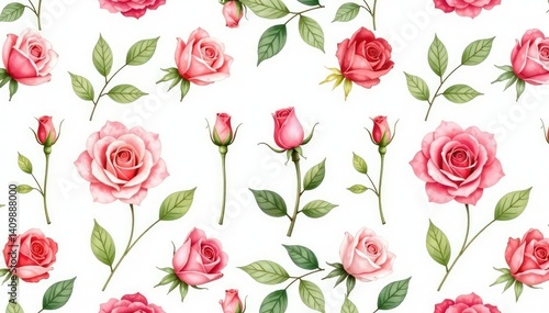 Wallpaper Mural Delicate watercolor rose buds & leaves, repeating pattern , vintage, pretty, soft Torontodigital.ca