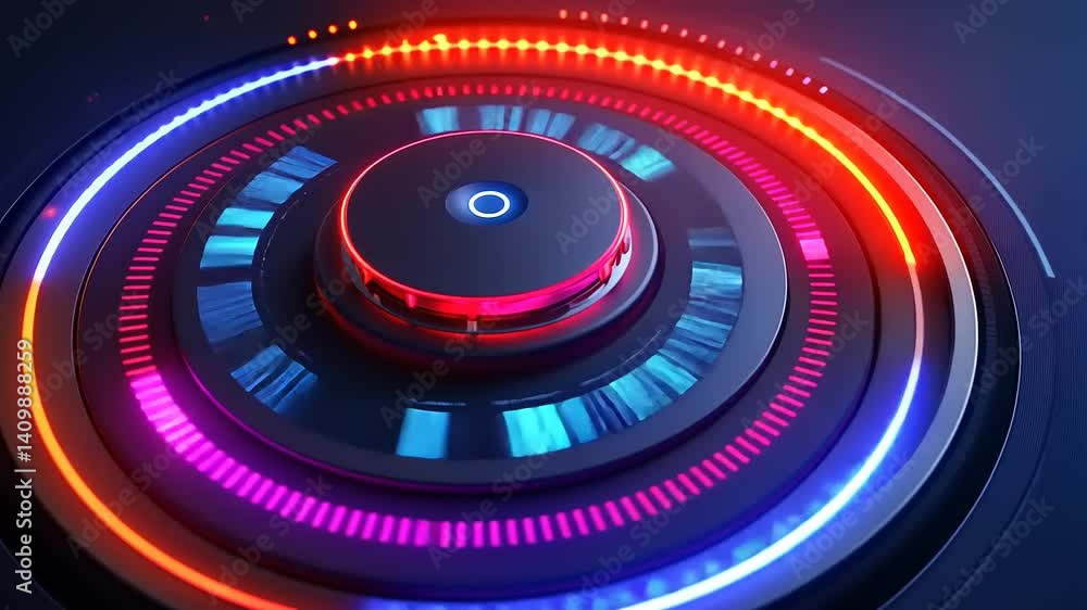 Futuristic circular interface with vibrant lights and dynamic patterns, showcasing technology