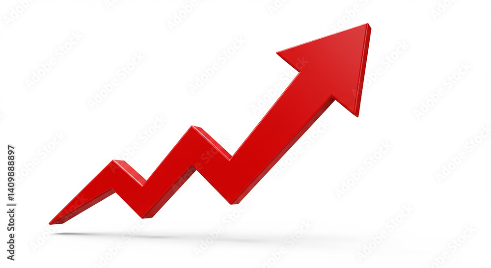Red arrow points up showing growth. The arrow starts low and goes higher. The arrow line has some zigzags before the arrow. The background is plain white. Red arrow points up showing growth. The arrow starts low and goes higher. The arrow line has some zigzags before the arrow. The background is plain white.
