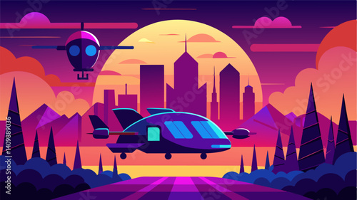 As the sun sets the neoncolored air taxis become even more vibrant against the futuristic backdrop of the park.. Vector illustration