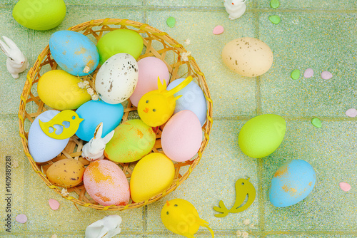 Vibrant Easter concept. Traditional festive symbols - eggs, rabbits and birds