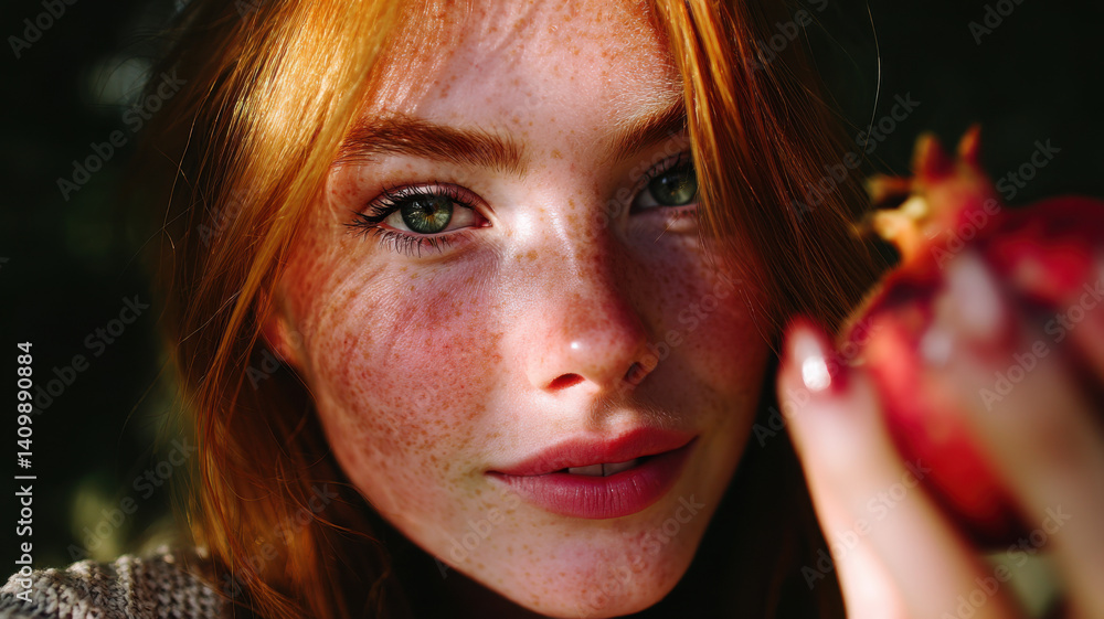 Fototapeta premium A photo of a girl with radiant skin holding a pomegranate in her hand, showcasing salon skincare treatments with pomegranate-based cosmetics for a healthy, glowing complexion.