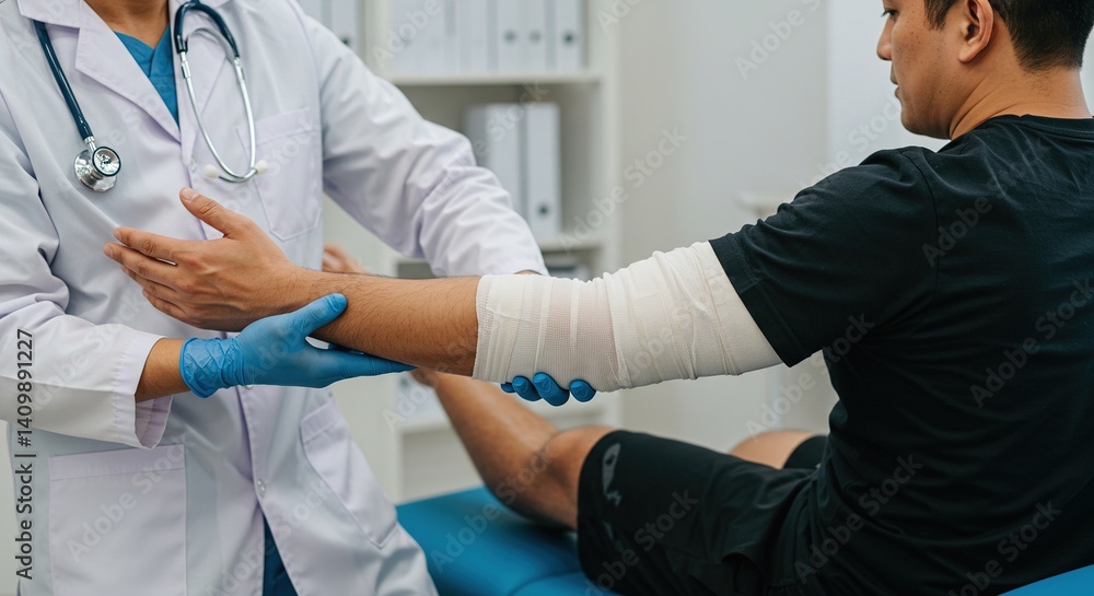 Doctor examining patient's injured arm