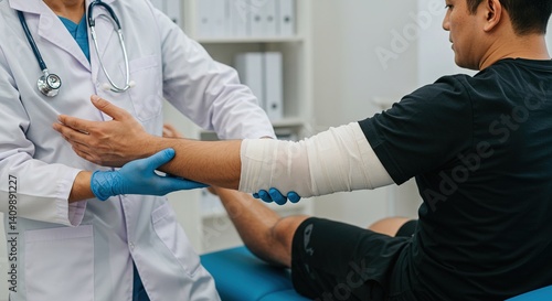 Doctor examining patient's injured arm