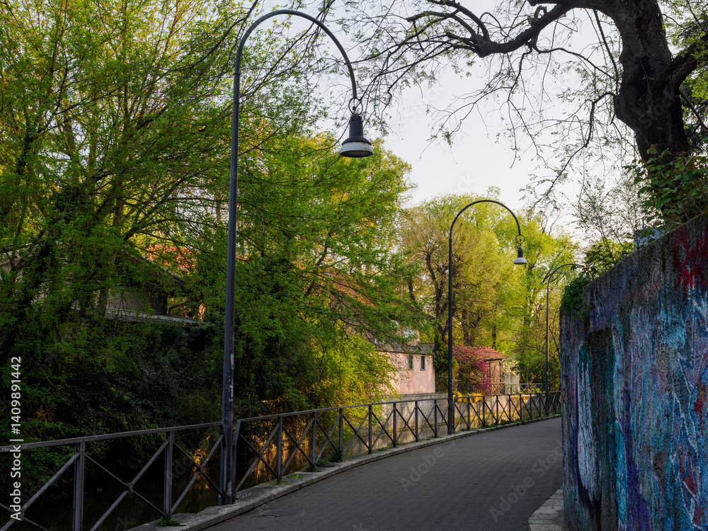 Old buildings along the canal Martesana at Milan, Italy