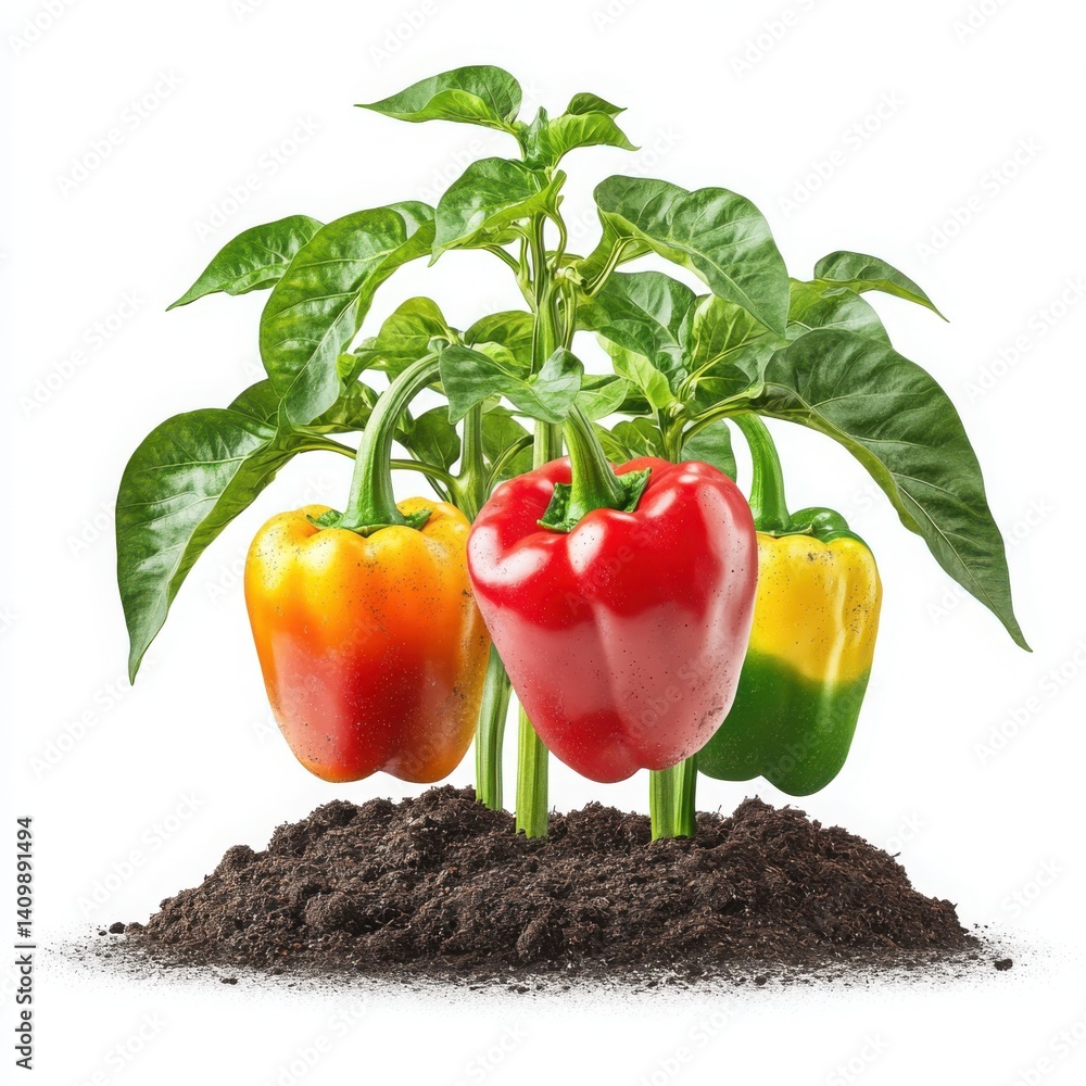 Colorful bell peppers growing in soil with green leaves on a white backdrop Colorful bell peppers growing in soil with green leaves on a white backdrop
