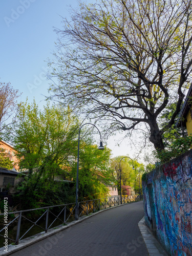 Old buildings along the canal Martesana at Milan, Italy