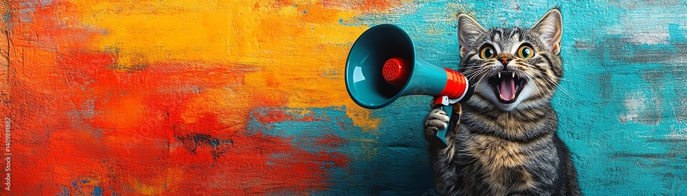 Fototapeta premium Funny cat with megaphone, colorful background.