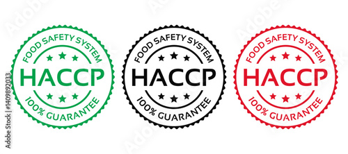 HACCP food safety system stamp. Quality warranty badge. Hazard analysis and Critical Control Points emblem icon. 100% guarantee sticker. Round seal imprint on white background. Vector illustration.