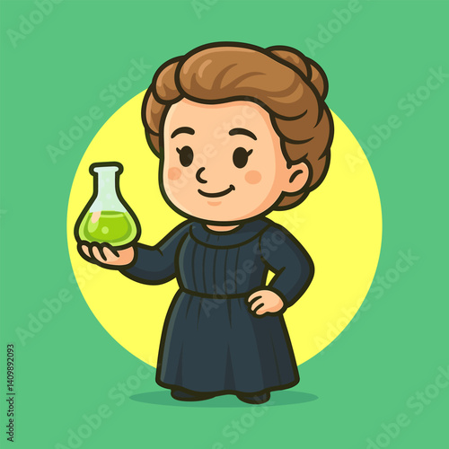 Marie Curie holding a radium in a lab flask vector cartoon