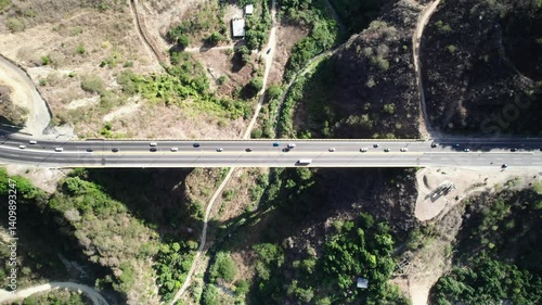 Establishing Aerial Top Down Shot of Caracas La Guaira Highway Viaduct. Modern highway in Latin America, one of the largest made of concrete