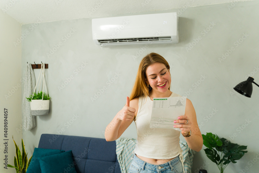 Happy woman saving money with efficient air conditioning unit