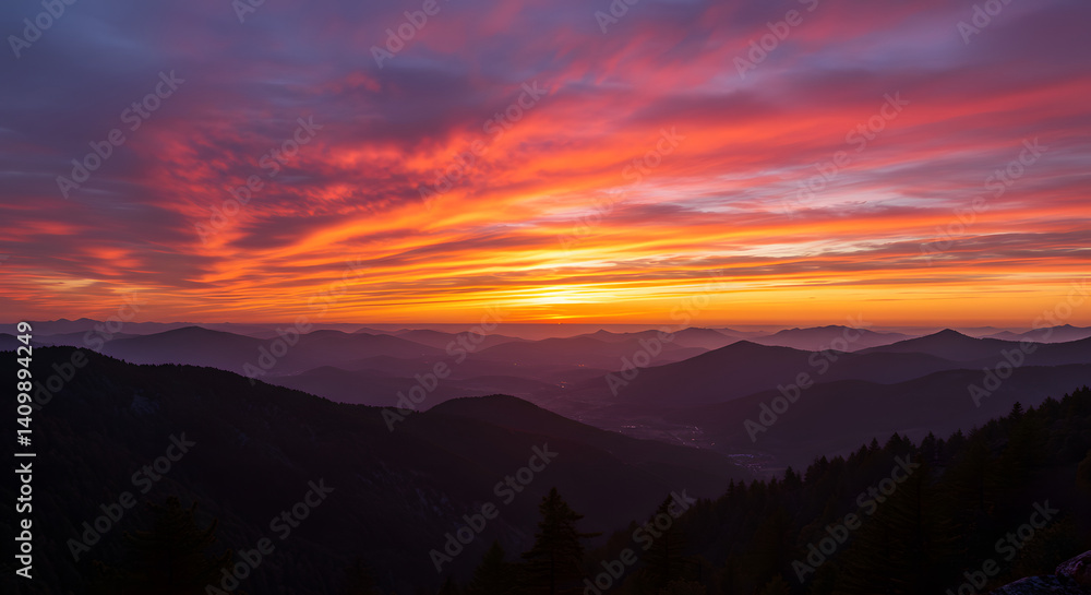 Fiery Sunset Over Silhouetted Mountain Ranges: A Dramatic Landscape Fiery Sunset Over Silhouetted Mountain Ranges: A Dramatic Landscape