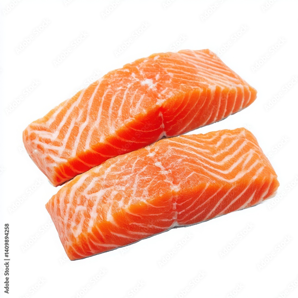 Close up shot of two vibrant salmon fillets displayed on a white surface Close up shot of two vibrant salmon fillets displayed on a white surface