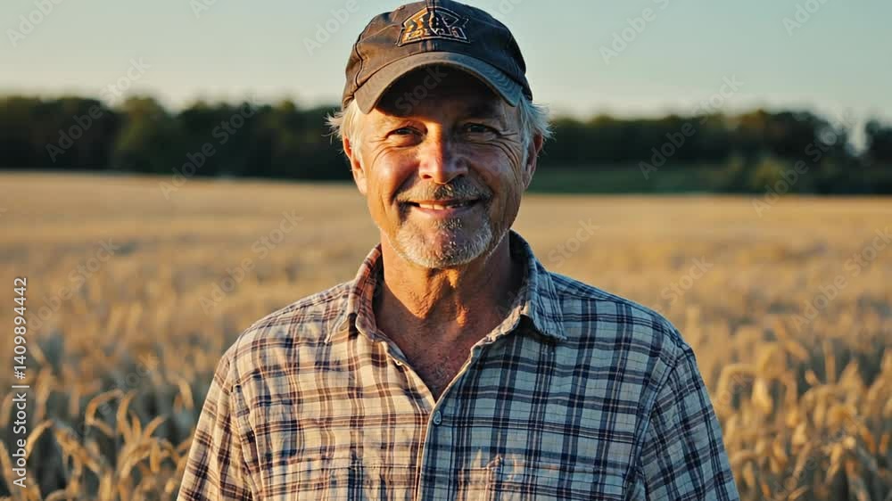 A farmer stands in a golden wheat field during sunset, showcasing his pride in the harvest. The warm light highlights the rural beauty and hard work of agriculture A farmer stands in a golden wheat field during sunset, showcasing his pride in the harvest. The warm light highlights the rural beauty and hard work of agriculture